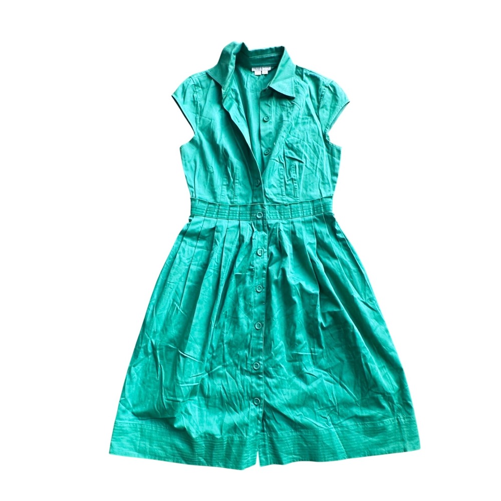 London Times Green Cap Sleeve Button Front Pleated Shirt Dress Size 4